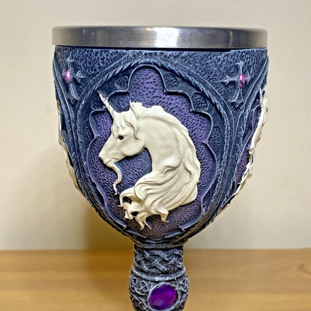 Unicorn Goblet Celtic Meidevel Halloween Purple Stone 7.5” Remove Steel Insert - Picture 2 of 7